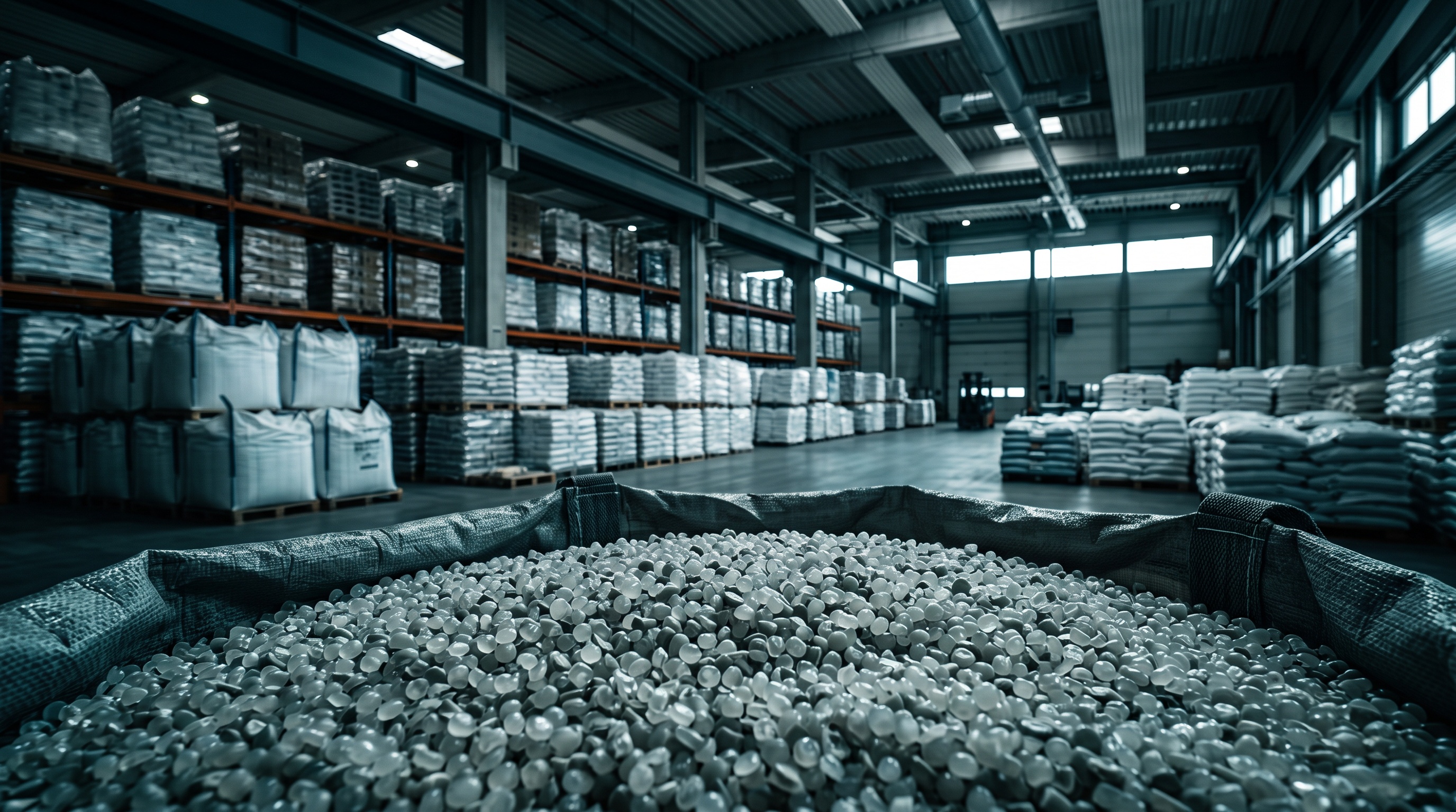 Grânulos e pellets de polímeros industriais em ambiente de distribuição